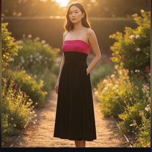 Kay Unger Vibrant Pink Satin & Velvet MIDI Dress